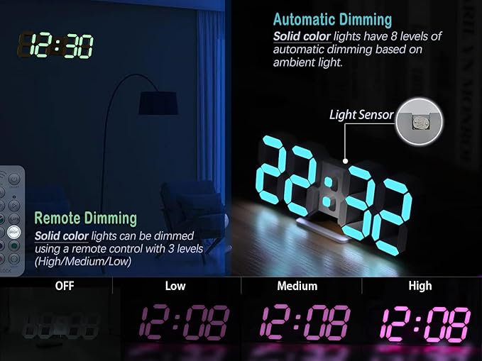 KOSUMOSU Wall Clock Neon Digital Clock 3D LED Desk Clock Large Display 9.7" RGB Clock Alarm Clock for Bedroom Living Room,Remote,Brightness Dimming, Date,Temp