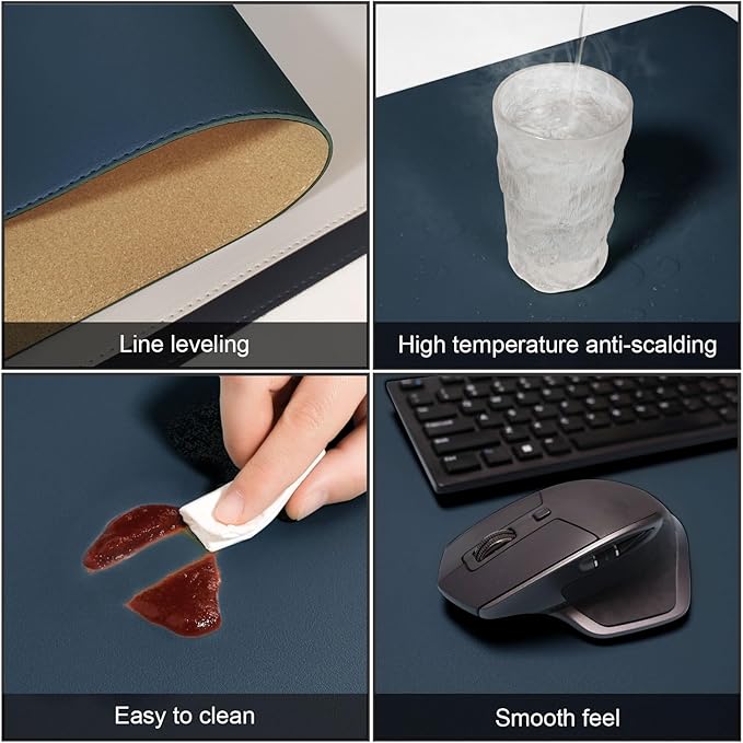 DAWNTREES Dual Sided Desk Mat,Leather Desk Pad,40"x16",Cork Desk Mat Protector,with PU Leather Valet Tray Organizer,Large Mouse Pad,Desk Writing Pad for Office and Home(Dark Blue)