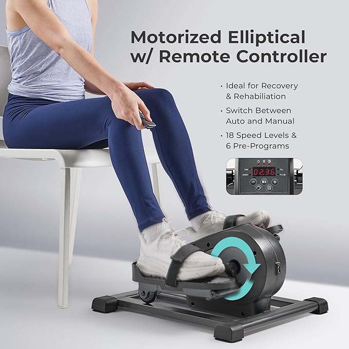 Sunny Health & Fitness Smart Mini Elliptical Trainer, Indoor Under-Desk Pedal Exerciser for Mobility & Cardio Workout, Free SunnyFit App Connection, Optional Motorized w/Remote Control