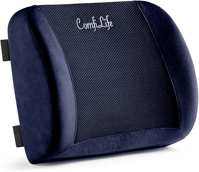 ComfiLife Lumbar Support Back Pillow Office Chair and Car Seat Cushion - Memory Foam with Adjustable Strap and Breathable 3D Mesh (Navy)