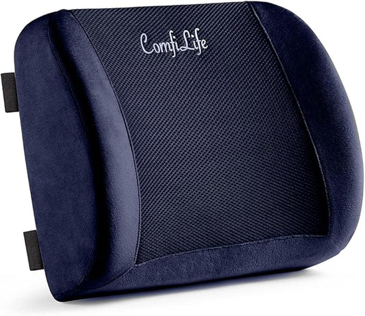 ComfiLife Lumbar Support Back Pillow Office Chair and Car Seat Cushion - Memory Foam with Adjustable Strap and Breathable 3D Mesh (Navy)