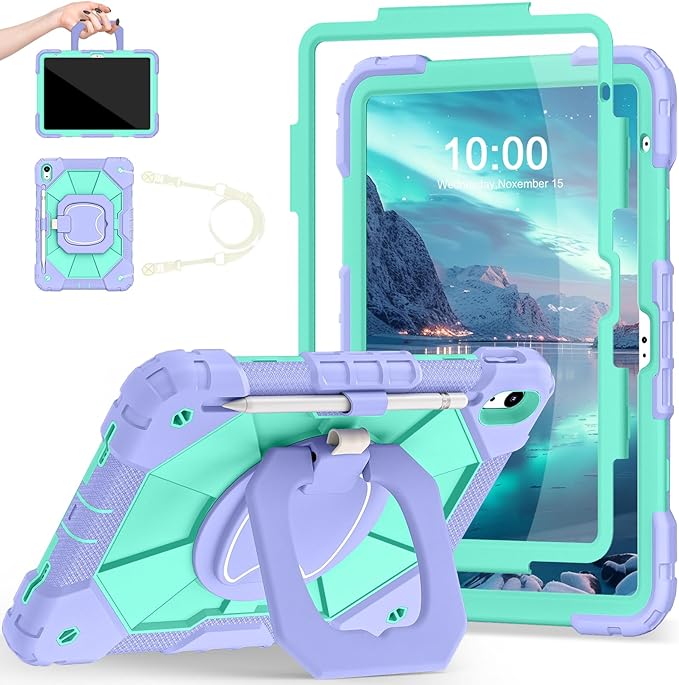 Case for iPad (A16) 11th/10th Generation 2025/2022,Kids Friendly iPad Case 10th Generation with Rotating Stand Screen Protector,Shockproof Cover for i Pad 11.0/10.9 Inch C ase,Purple Green