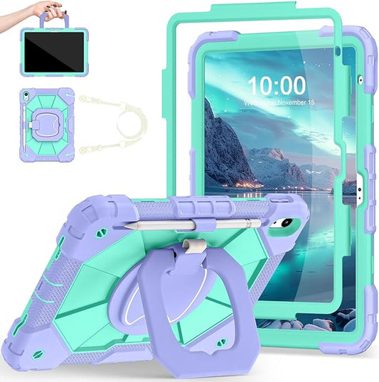 Case for iPad (A16) 11th/10th Generation 2025/2022,Kids Friendly iPad Case 10th Generation with Rotating Stand Screen Protector,Shockproof Cover for i Pad 11.0/10.9 Inch C ase,Purple Green