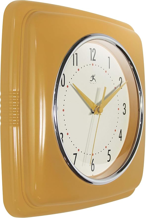 Infinity Instruments Retro – 9-Inch Square Silent Non-Ticking Mid-Century Modern Wall Clock – Vintage Decorative for Kitchen, Office, or Diner – Saffron