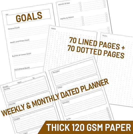 Wanderings A5 Leather Binder Planner - Refillable 6 Ring Journal with Inner Pockets - Hand-Crafted Genuine Leather Organizer- Filofax Compatible. 2026/27 Monthly Weekly Calendar with Notes - 6"x8.5"