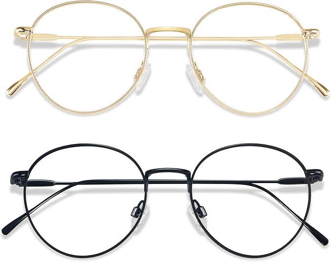 ANDWOOD Blue Light Blocking Glasses Women Men Small Face Computer Clear Bluelight Blocker Super Lightweight Metal Frame Round