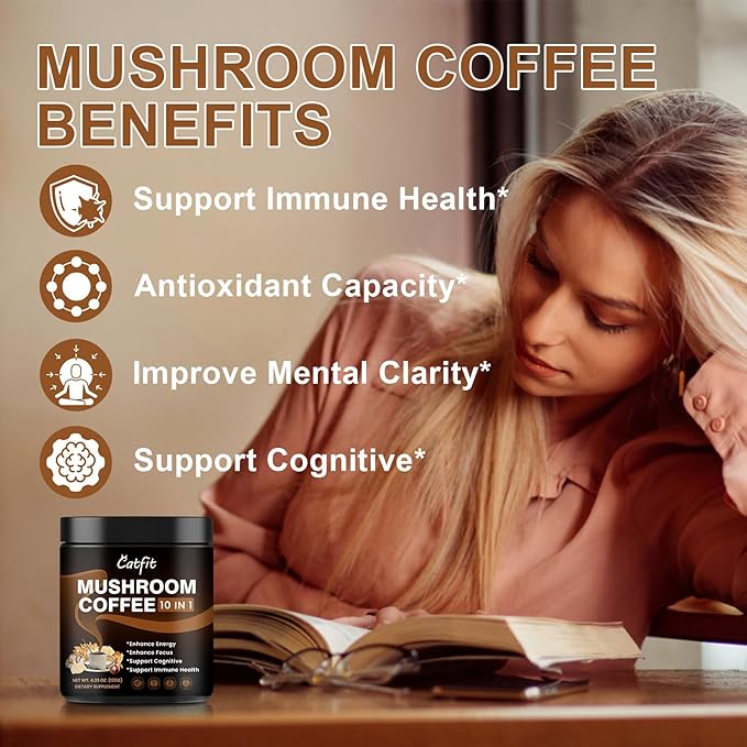 Mushroom Coffee Powder, 10 Mushroom Blend Supplements with Lion's Mane, Chaga, Cordyceps, L-Theanine for Energy, Focus, Cognitive and Immunity, 37 Serving