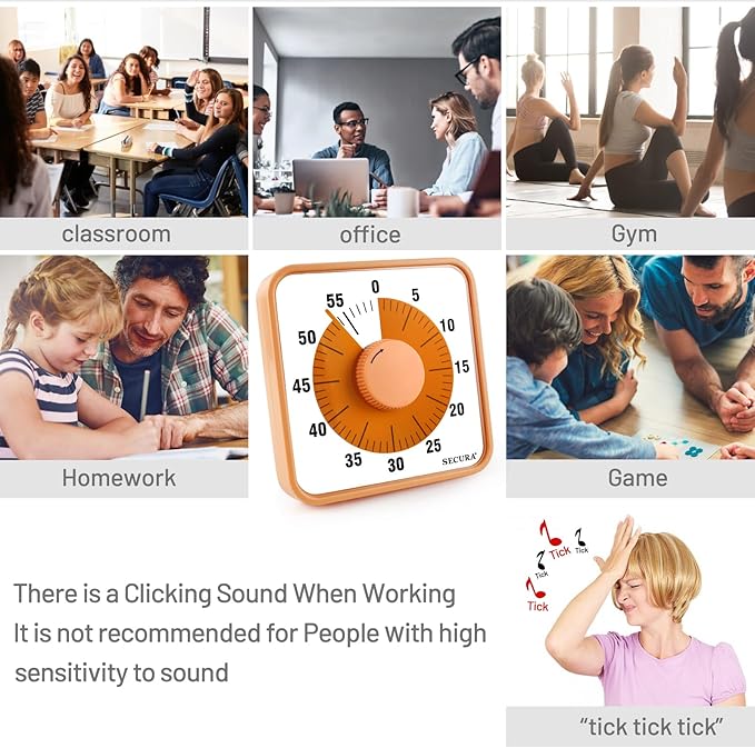Secura 7.5 Inch Visual Timer, 60 Minute Oversize Countdown Visual Timer for Kids and Adults, Durable Mechanical Time Management Tool (Orange)