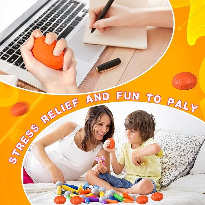 Leitee 12 Pcs Brain Stress Balls Bulk Large Halloween Brain Toys PU Hand Muscle Exercise Pressure Ball Funny Stress Relief Toy for Teens Adult Improving Grip Strength Prop(Orange)