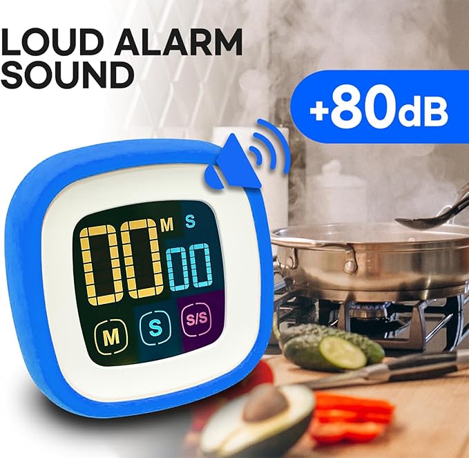 Digital Kitchen Timer, Countdown, Countup, Protective Rubber case, Large Display with Color Bold Digits, Touch Control, Backlit, Magnetic Kickstand, Loud Alarm, Auto Memory (Sky Blue)