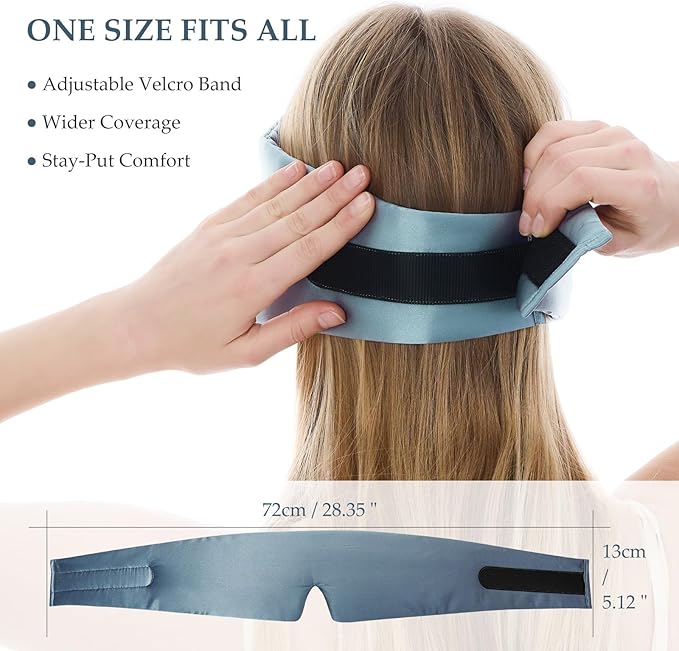 100% Mulberry Silk Sleep Mask, Large Size Travel Eye Masks for Side Sleepers, Adjustable Sleeping Mask for Women and Men, 100% Blackout Eye Mask for Sleeping Light Blue