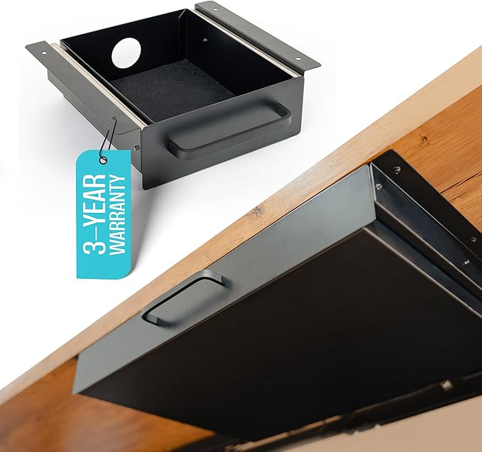 Under Desk Drawer Slide Out Attachment - Carbon Steel Undermount Table Drawer with Cable Management, Pull Out Add-On Storage for Office & Standing Desks (7.5" x 8" x 2.8")