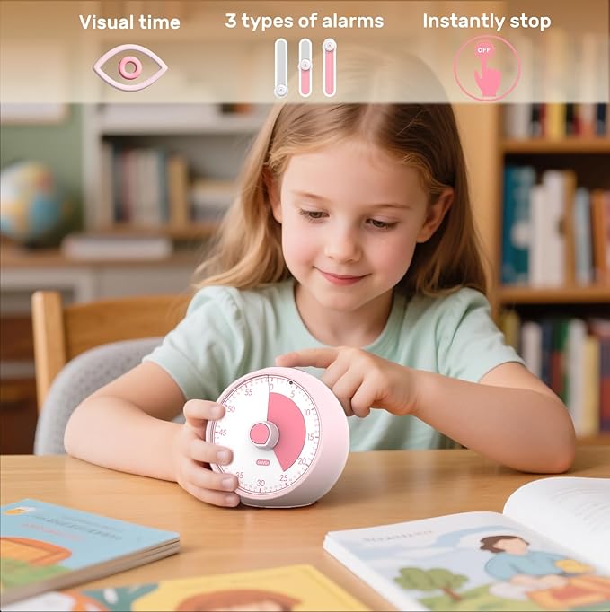 Visual Timer 60-Minute, Kids Timer for Homeschool Desk, Time Management Tools with Silent Operation, Timer for Kitchen Office Classroom(Pink)