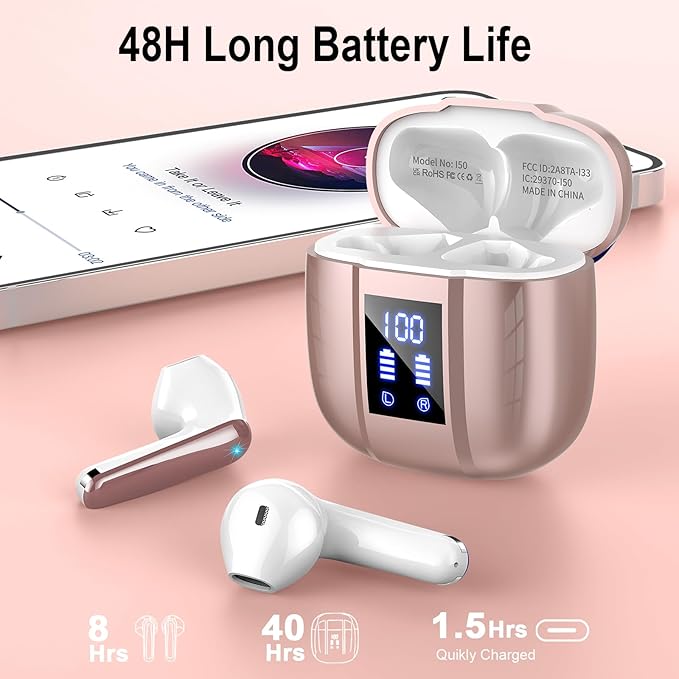 Wireless Earbuds, Bluetooth 5.4 Headphones, 48H, Stereo Ear Buds, LED Display Earphones with Mic, IP7 Waterproof In EarBud, Comfort Fit, Bluetooth Earbuds for Phone Android iOS, Sport, Walk, Rose Gold