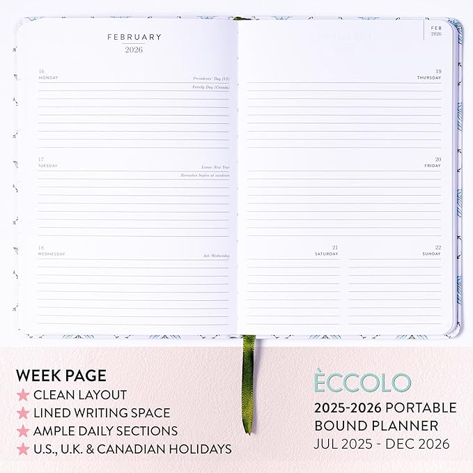 2025-2026 Eccolo 18 Month Linen Bound Planner, Monthly & Weekly Pages (5.25 x 7.75" - July 2025 - Dec 2026 - Blue Wallpaper)