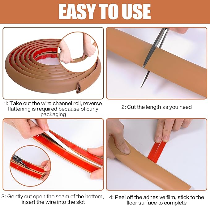Floor Cord Cover Self Adhesive Cord Hider,10FT Cable Management, Extension Strip Protector for Wires, Prevent Cable Trips for Offices, Gyms, Exhibitions Cavity:0.3"(W) x 0.28"(H) Brown