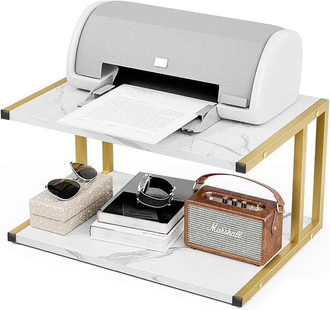 2 Tier Printer Stand, Desktop Printer Stand with Reinforced Metal Frame, Marble White Design Printer Shelf for Home Office, Compact Printer Stand for Desk or Under Desk, Holds Up to 20lbs