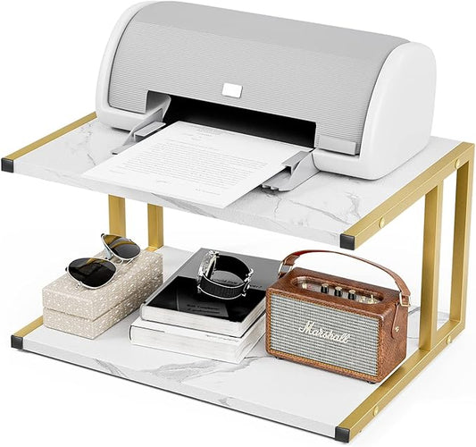 2 Tier Printer Stand, Desktop Printer Stand with Reinforced Metal Frame, Marble White Design Printer Shelf for Home Office, Compact Printer Stand for Desk or Under Desk, Holds Up to 20lbs