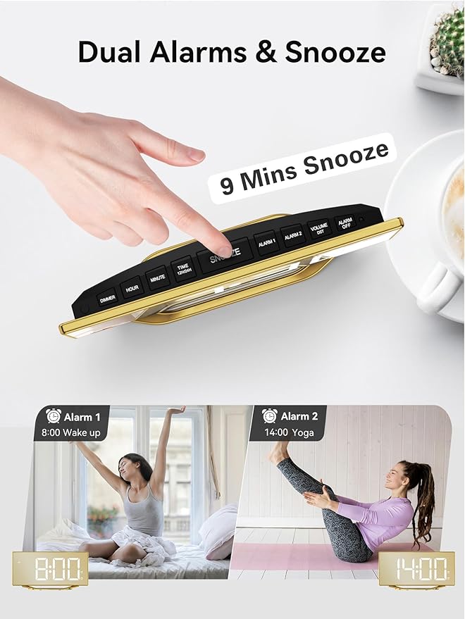 Digital Alarm Clock for Bedrooms, Slim LED Desk Clock with Gold Mirror Finish, 7 Levels Brightness, Dual USB Ports, Snooze, 12/24H, 8.7" Large Display Modern Bedside Clock for Home Office Decor