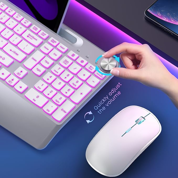 JOYACCESS Wirless Keyboard and Mouse, Ergonomic Wireless Backlit Keybaord with Phone Holder,Rechargeable Wireless Keyboard Mouse Combo with Light Up Keys for for Laptop, PC, Mac, Windows-Silver