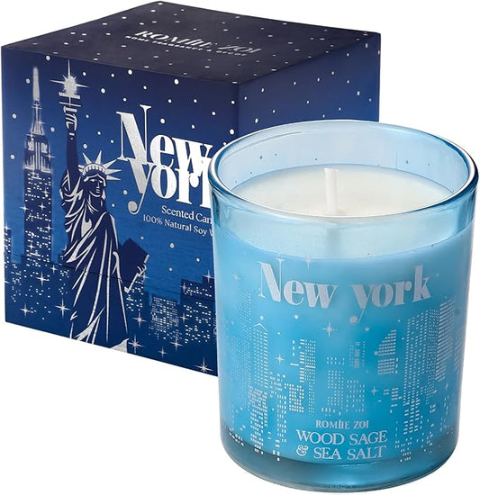 Scented Candle - New York City with Scent of Wood Sage and Sea Salt- 6oz Aromatherapy Soy Wax Jar Candle for Home, Gifts for Women - 170g