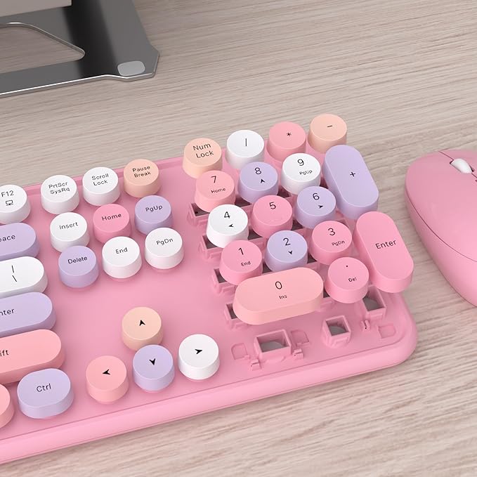 UBOTIE Colorful Computer Wireless Keyboard Mice Combo, Retro Typewriter Flexible Keys Office Full-Sized Keyboard, 2.4GHz Dropout-Free Connection and Optical Mouse (Pink-Colorful)