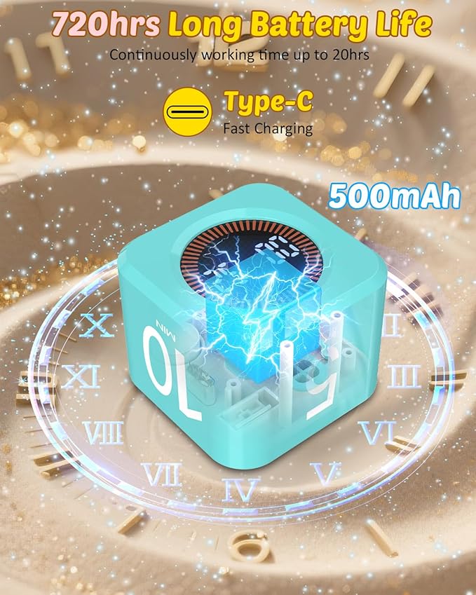 Pomodoro Timer Cube Visual Productivity Flip Timer for Kids Classroom Desk, 5/10/25/50min& Custom Countdown, Silent&Sound Mode Digital Cube for ADHD Study Work School Game Kitchen (Mint Green)