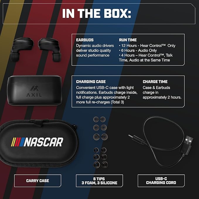 AXIL XCOR PRO NASCAR Wireless Earbuds Bluetooth — HearPRO Buds with Touch Control — Bluetooth Enhancement — Hearing Protection — Dust & Water Resistant — Wind Resistant True Wireless Earbuds