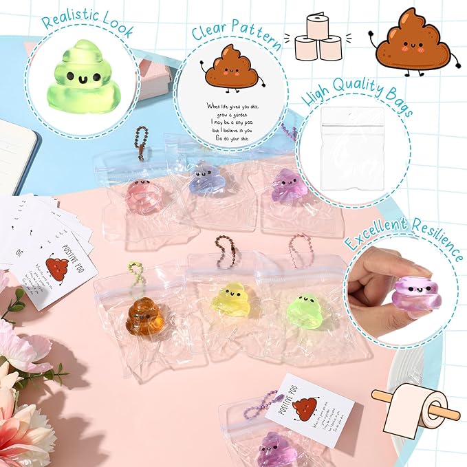 Wettarn 24 Sets Poop Gifts Inspirational Stress Balls with Support Card Positive Stress Relief Prank Colorful Poop Ball Appreciation Gifts for Teacher Employee Coworkers