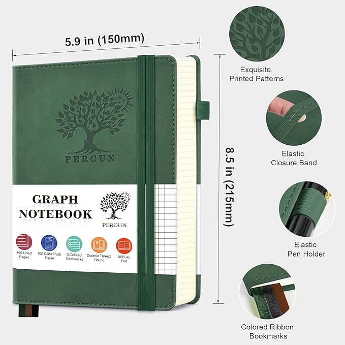 PERCUN Graph Paper Notebook, 160 Pages Grid Journal for women & men, A5 Hardcover Leather Graphing Notebook for School, Work, Travel, Note Taking 5.9”x8.5” (Green)