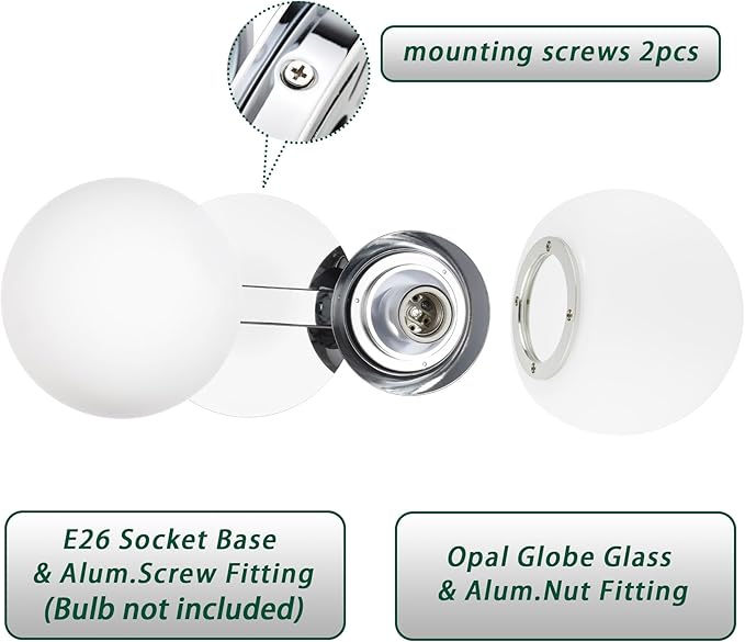 Bathroom Vanity Light Fixtures, Modern 2 Lights Globe Wall Sconce Lighting Chrome, Porch Wall Mount Light Fixture for Bathroom, Mirror Cabinets Hallway Stairs