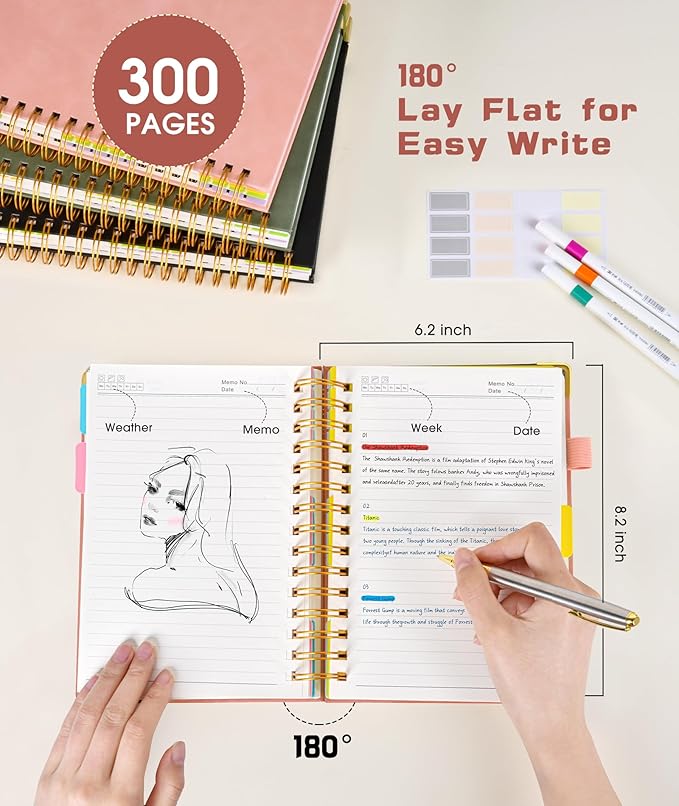 Hardcover Spiral Notebook journal with Removable Dividers Tabs, 300 Pages Leather 5 Subject Notebook College Ruled, 100GMS A5 Notebooks for Work School Note taking,Lined Journal for Women,A5-Black