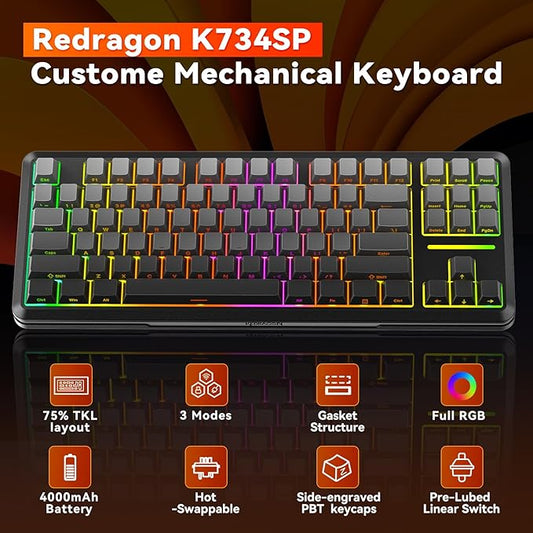 Redragon Wireless Mechanical Keyboard,3-Modes Bluetooth Gasket Hot Swappable TKL RGB Custom Keyboard,Pre-lubed Switches,Side Printed PBT Gradient Keycaps, South-Facing LEDs Socket