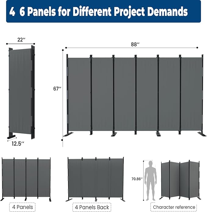 Room Divider, 4 Panel Upgraded Folding Privacy Screen, 88” Highly Secretive Separation with 3 Metal Feet, Partition Screen, Lightweight Freestanding Wall Divider Bedroom (Grey)