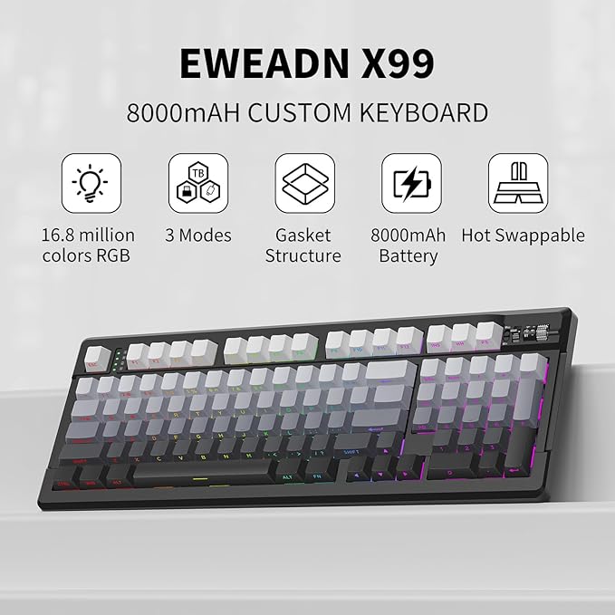 EWEADN X99 Wireless Mechanical Keyboard - 99 Keys, Three Mode Connectivity- BT5.0/2.4GHz/USB-C, Hot-Swappable PCB, Gasket Mount, 8000mAh Battery, PBT Double-Shot Keycaps, 16.8M RGB Lighting