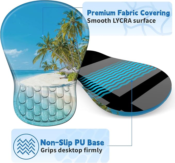 Ergonomic Mouse Pad with Wrist Rest Support, Mousepad with Comfortable Memory Foam Wrist Rest and Non-Slip PU Base for Pain Relief, Computer, Laptop, Office, Home (Beach-2)