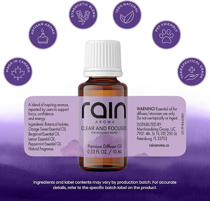 Clear and Focused Premium Diffuser Oil, Focus & Relax with Aromatherapy Diffuser Oils, Efficient Office/Home Fragrance Essentials Crafted from Botanical Essential Oils, 0.33 fl oz/10 ml