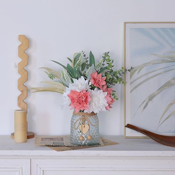 Faux Flowers with Vase,Artificial Silk Flowers in Vase, Fake Plant Eucalyptus and Willow,Flower Arrangement for Home Farmhouse Dining Table Centerpiece Decorations Coffee Table Decor (Dusty Pink)