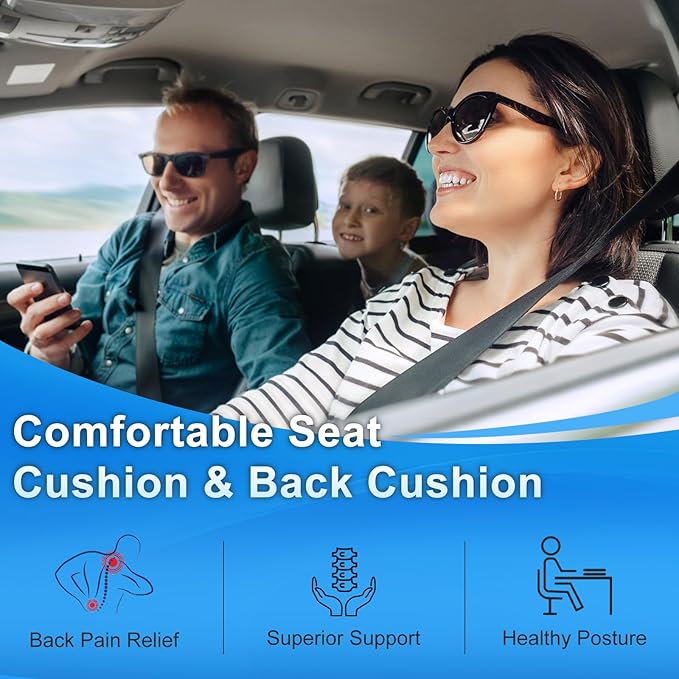 Car Seat Cushion with Back Support Pillow, 1.2'' Thick Enhanced Comfort Memory Foam Design for Pain Relief, Ideal for Drivers and Office Use - Ergonomic Lumbar Comfort for Long Sitting