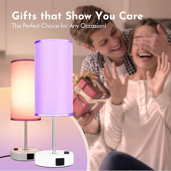 Bedside Table Lamp with USB Port - Touch Desk Lamp for Bedroom, 3 Way Dimmable Small Nightstand Lamp for Living Room, Bedroom Lamps for Room Decor, Purple