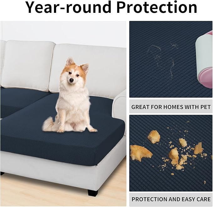 Easy-Going Stretch 4 Pieces Couch Cushion Covers for Sectional Sofa Left/Right L Shape Chaise Lounge Sofa Seat slipcover Anti-Slip Sofa Cover Soft (3 Seater + 1 Chaise, Dark Blue)