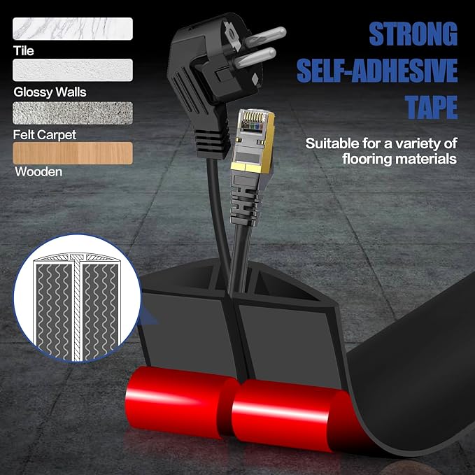 Floor Cord Cover Self Adhesive Cord Hider,3.3FT Cable Management, Extension Strip Protector for Wires, Prevent Cable Trips for Offices, Gyms, Exhibitions Cavity:0.51"(W) x 0.3"(H) Black