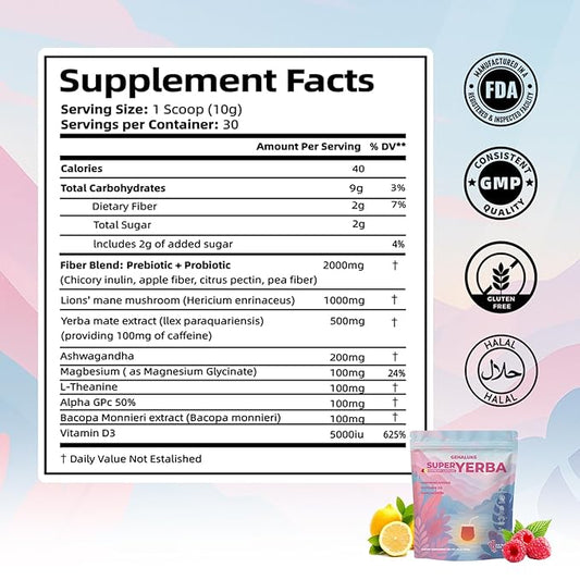 Super Yerba Instant Powder Packets | Raspberry Lemonade Flavor | 30 Servings for Sustained Energy, Mental Focus & Gut Health | Natural Mate Tea with Prebiotics & Probiotics | Non-GMO