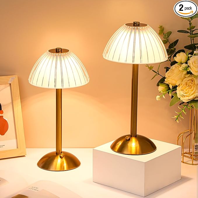 Liliful 2 Pcs LED Portable Cordless Table Lamp Touch Battery Operated Rechargeable Desk Lamp 3 Color Dimmable for Bedroom Living Room Dining (Mushroom Style,Gold)