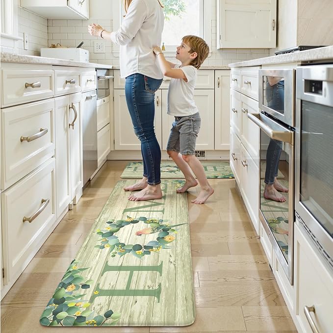 KIMODE Anti Fatigue Kitchen Mats for Floor 2 Piece,Farmhouse Spring Rugs Non Slip,Cushioned Memory Foam Carpet for Sink Laundry Office Bathroom,Green 17"x47"+17"x29"