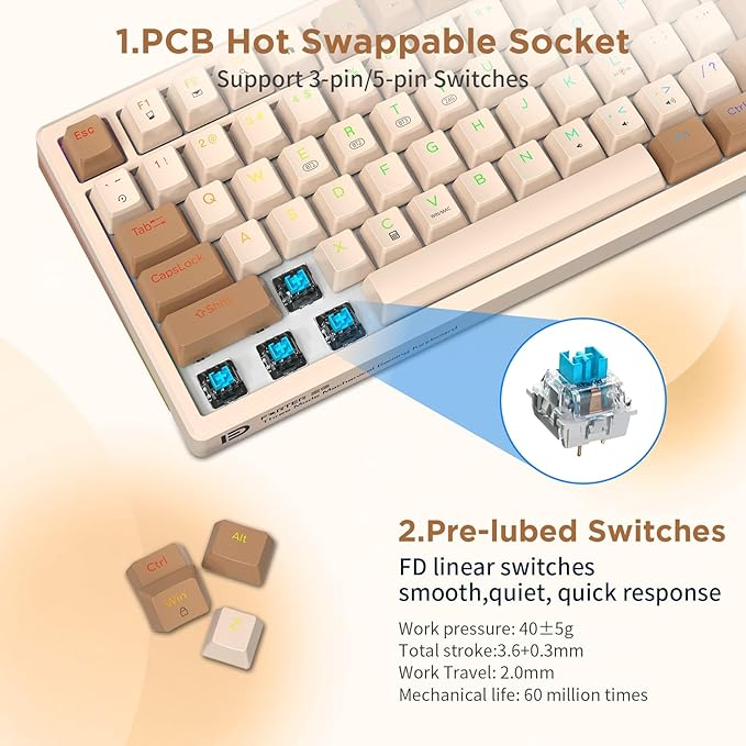 HUO JI 96% Wireless Mechanical Keyboard, Hot Swappable, Pre-lubed Blue Switches, Gasket Structure, Bluetooth/2.4GHz/USB-C, Led Backlit Sidelit, Custom Gaming Keyboard for PC (Peach)