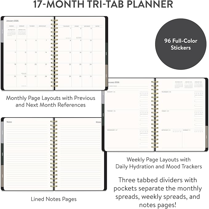 Orange Circle Studio Academic Planner 2025-2026, Amazon Exclusive, Black, Tri-Tab Planners, 17-Month Triple-Section, August 2025 to December 2026, 9.6" x 7", Weekly Monthly Planner Calendar for School or Work, Note Pages