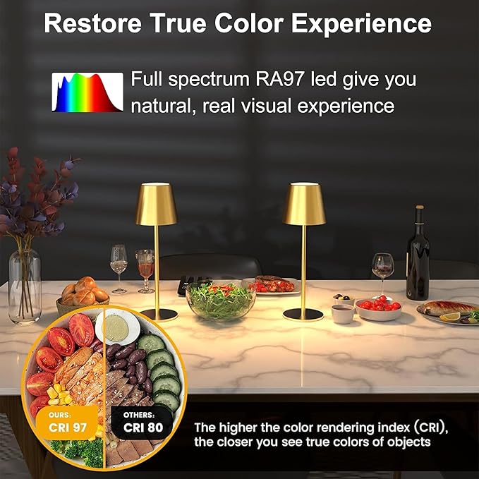 2 Pack Gold Cordless Table Lamp Rechargeable, Metal Small Bedside Table Lamp with 3 Adjustable Pole, 5400mAh Battery Operated Touch Lamp for Bedroom Kitchen Dining Waterproof & Portable