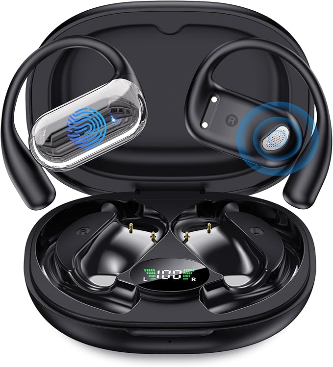 Open Ear Bluetooth 5.4 Earbuds, Wireless Headphones Sport Over Earphones Built-in Mic with Ear Hooks 50H Playtime with LED Display Charging Case Ergonomic IPX7 Waterproof for Running Fitness