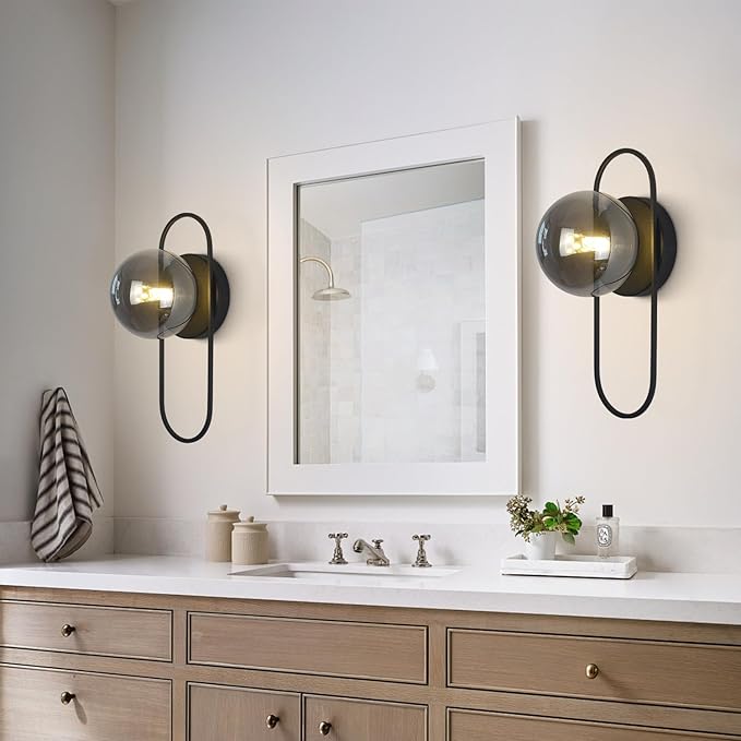Black Globe Wall Sconce Mid Century Modern Bathroom Vanity Light Fixture Small Black and Glass Wall Mounted Light Vintage Hallway Sconces Wall Lighting (2 Pack)